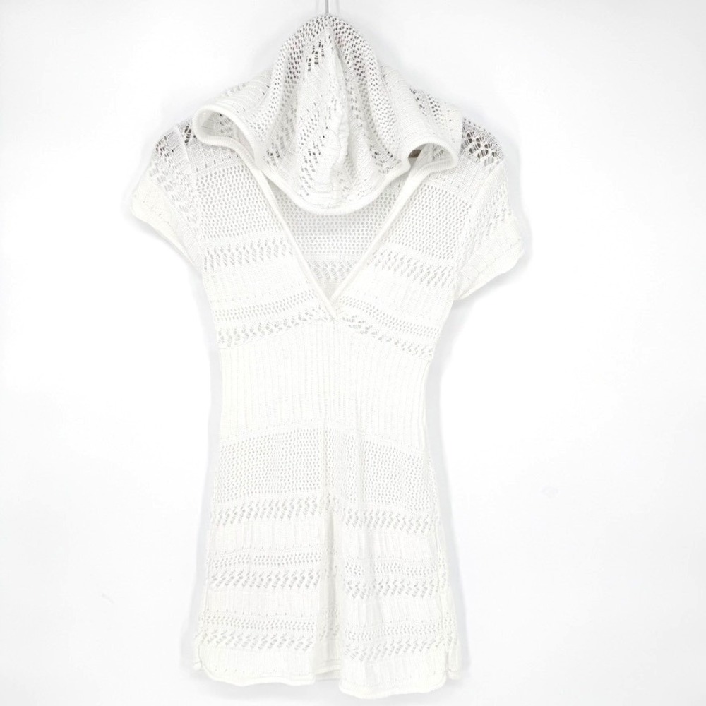 Wet‎ Seal White Pointelle Knit Hooded Coverup V-Neck Y2K Beach Crochet Angelcore